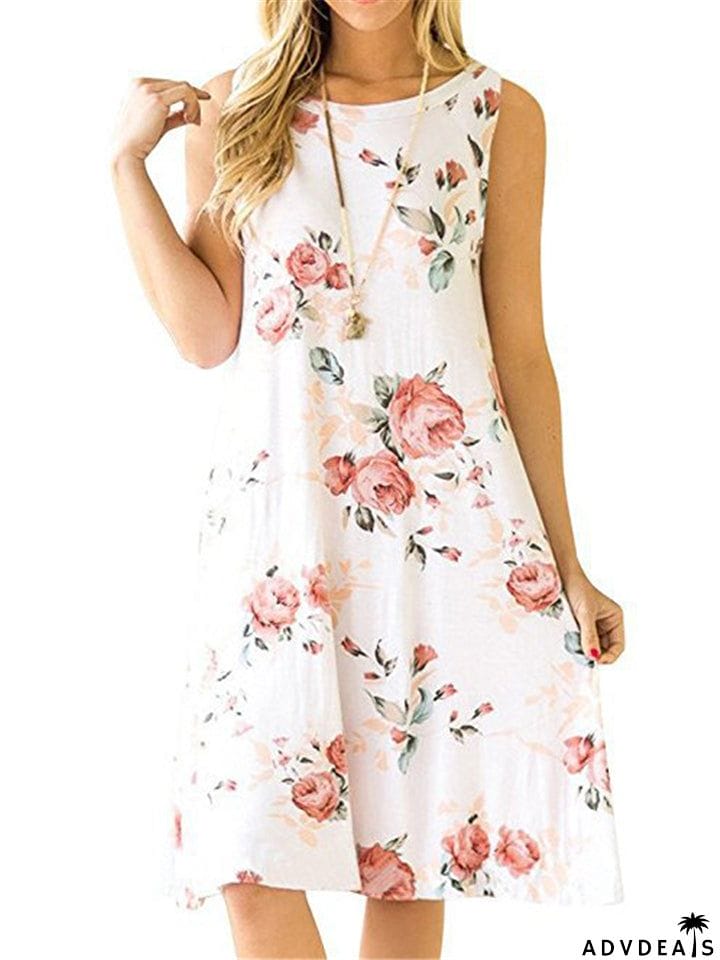 Sleeveless Printed Pullover Round Neck Dresses