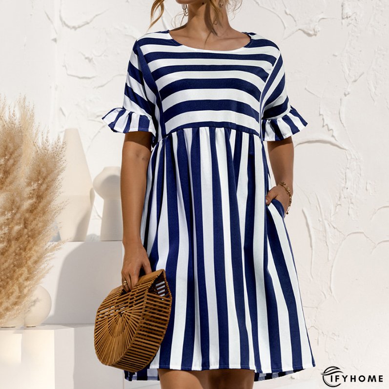 Women's Striped Print Party Ruffle Sleeves High Waist Elegant Casual Beach Dress | IFYHOME