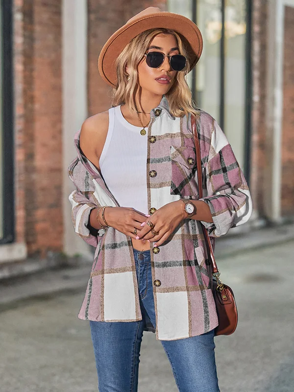 Casual Loose Buckle Plaid Polo Shirt Top