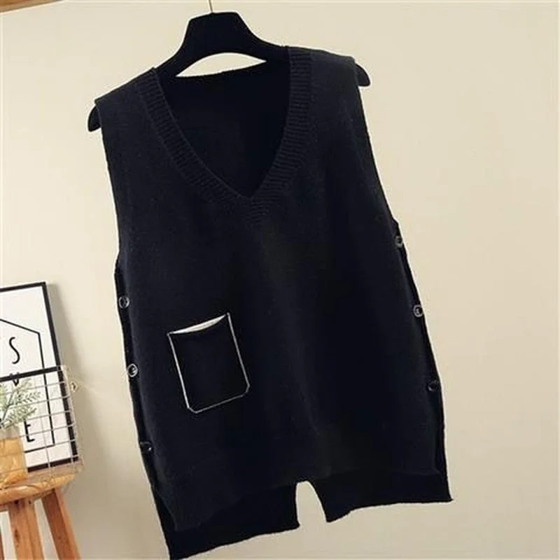 Autumn/winter women's new Korean style sleeveless V-neck knitted waistcoat loose pocket color-blocking pullover sweater