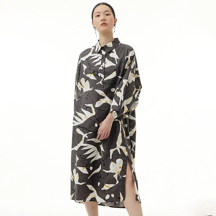 Casual Loose Turn-down Collar Abstract Printed Three Quarter Sleeves Dress      
