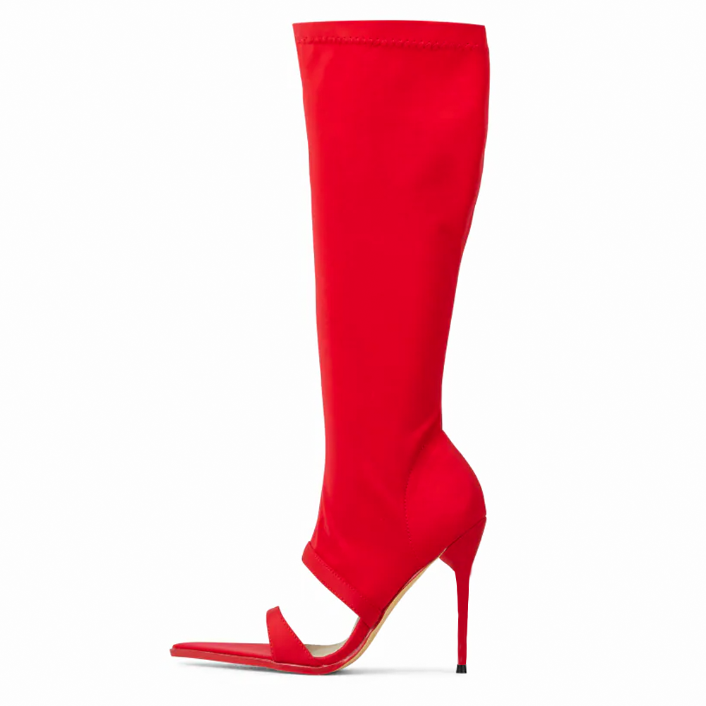 Chic Red Lycra Open Toe Stiletto Heel Knee High Summer Sock Boots Nicepairs