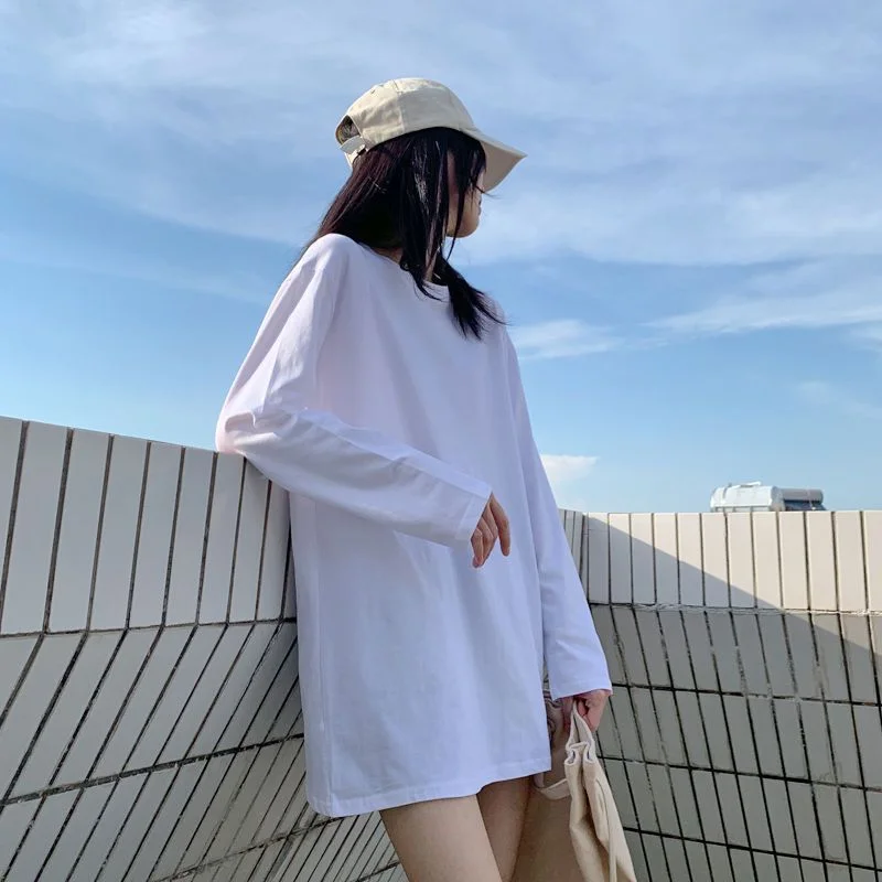 Toloer Toloer Long White Solid Color Outside Wear Long Sleeve Bottom T-Shirt Hoodie Lining Fold Wear Autumn Woman Loose-Outfit Ideas