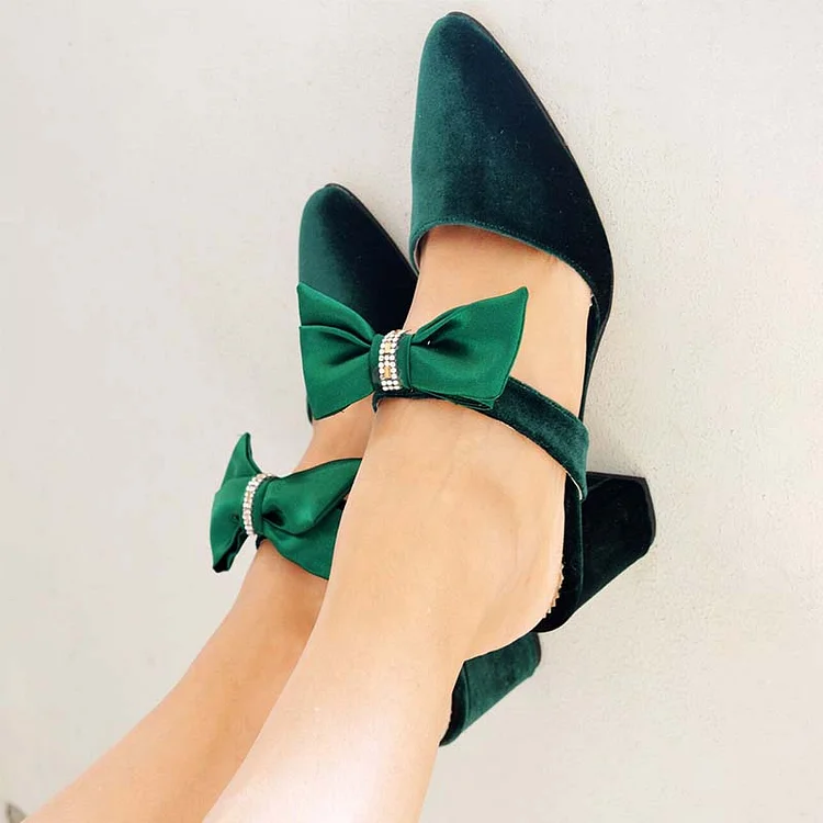 Green Almond Toe Block Heels Women's Bow Mules Party Pumps |FSJ Shoes