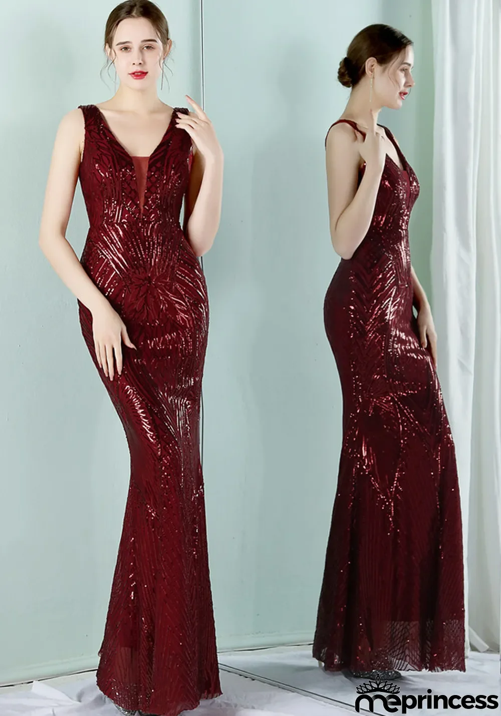 Women Summer Burgunry Formal V-neck Sleeveless Patchwork Sequined Mermaid Evening Dress
