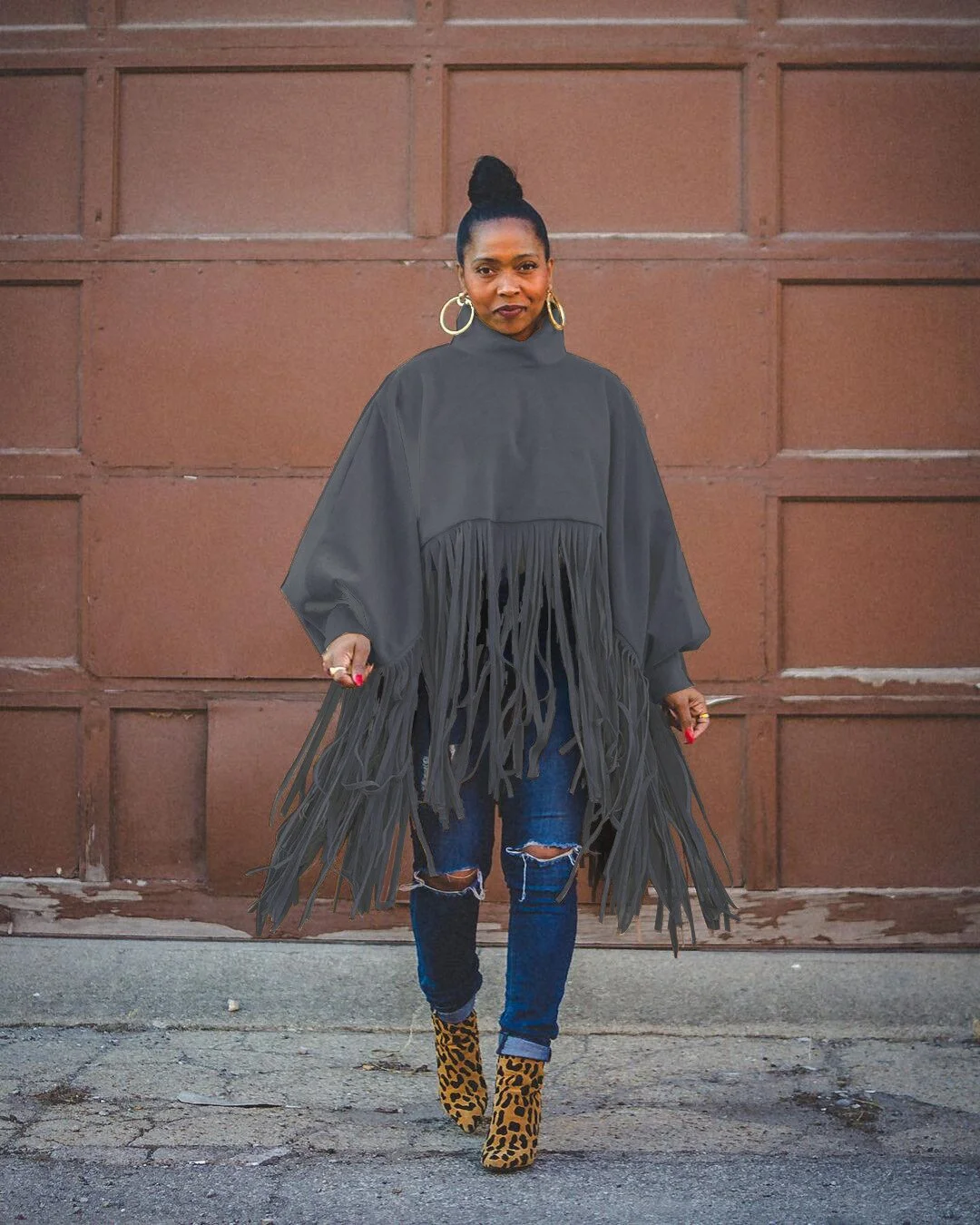 CM.YAYA Women Tassel Hem Batwing Sleeve Capes & Ponchos Streetwear Basic Elegant Turtleneck Autumn Winter INS Tops