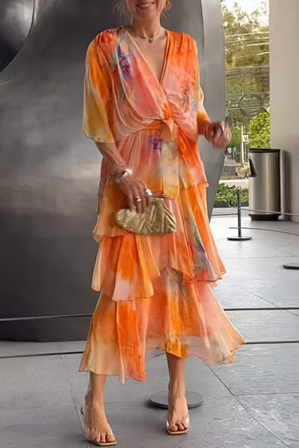 Plus Size Vacation Blue Chiffon All Over Print Wrap Flutter Sleeve Layered Maxi Dress 2024 - Flycurvy 
