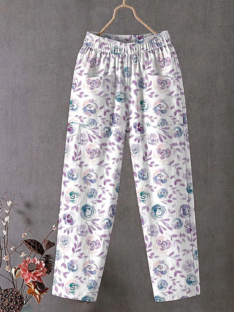 Women's Vintage Flower Art Print Cotton And Linen Casual Pants