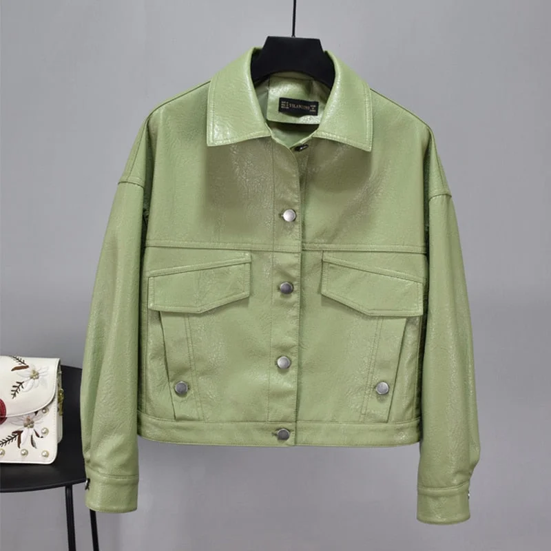 FTLZZ Women Green Faux Leather Jacket Batwing Sleeve Biker Coat Short Single Breasted Pu Motorcycle Loose Jacket Outerwear
