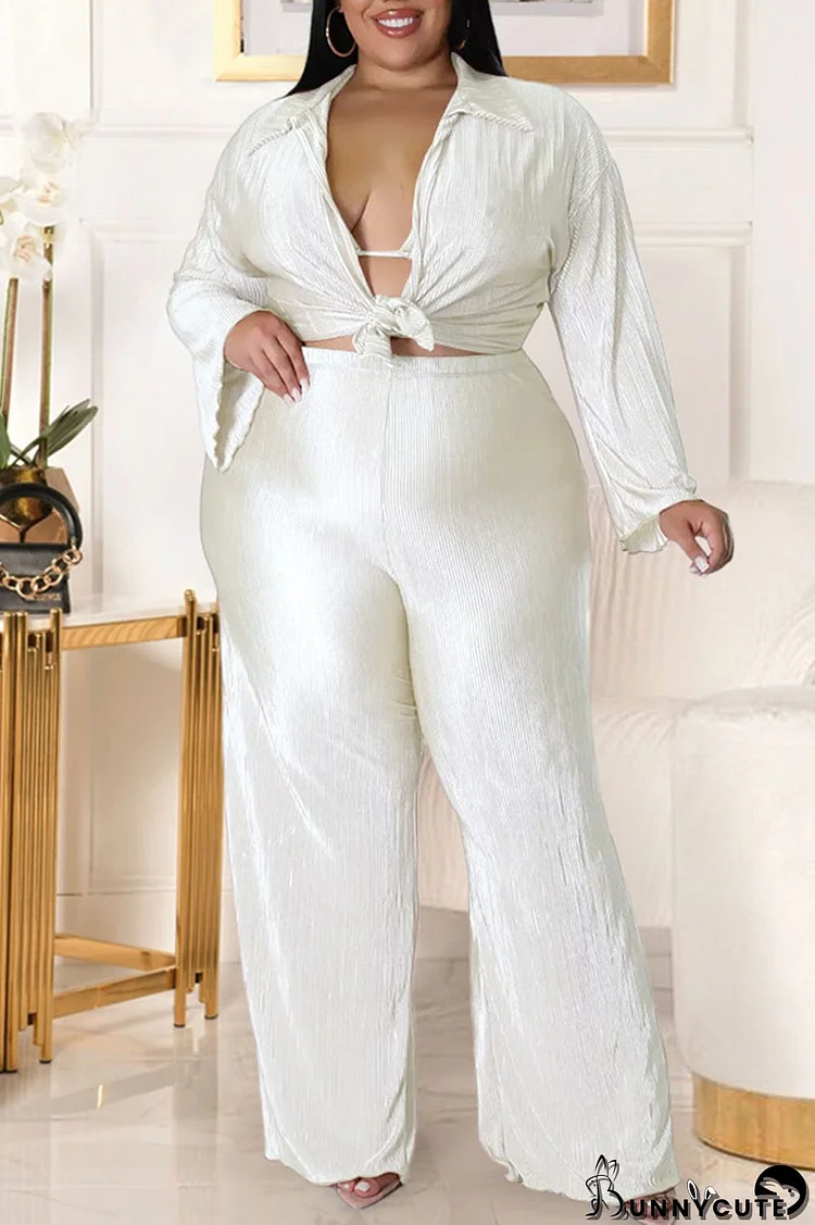 White Sexy Solid Patchwork Turndown Collar Plus Size Three Pieces