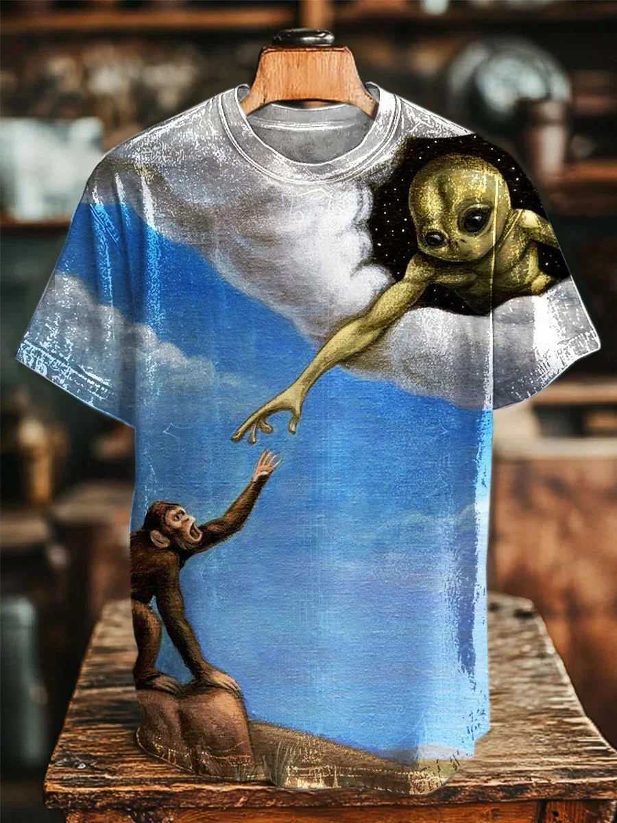 Eagerlys  Funny Alien and Monkey Art Print T-shirt Eagerlys