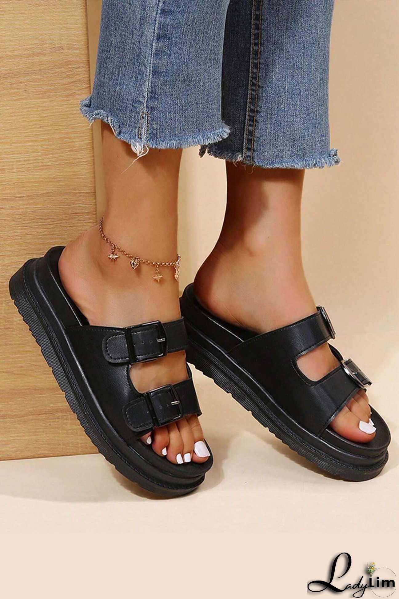 Buckle Platform Slide Sandals