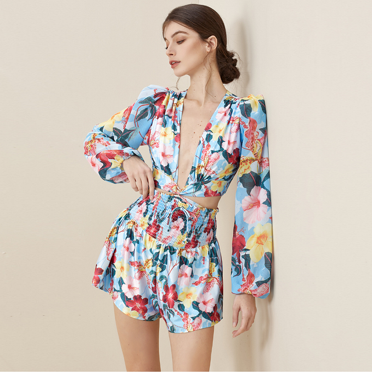 Plunge Long Sleeve Cutout Floral Print One Piece Swimsuit and Skirt/Shorts Flaxmaker