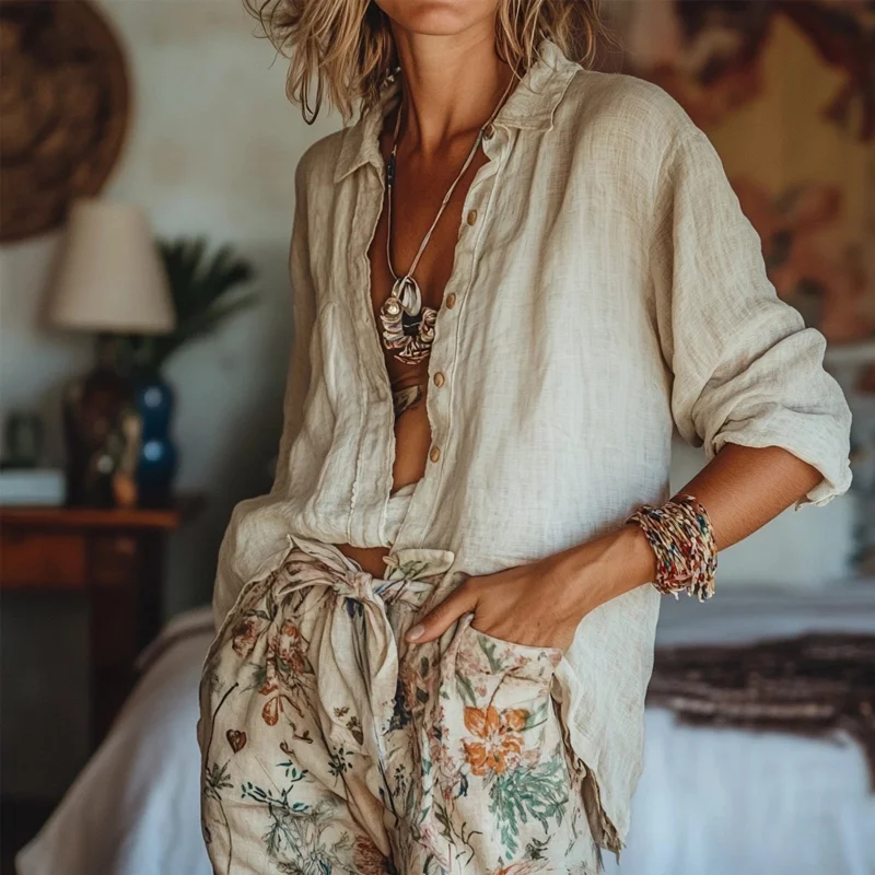 Vintage Solid Color Linen Blend Cozy Blouse