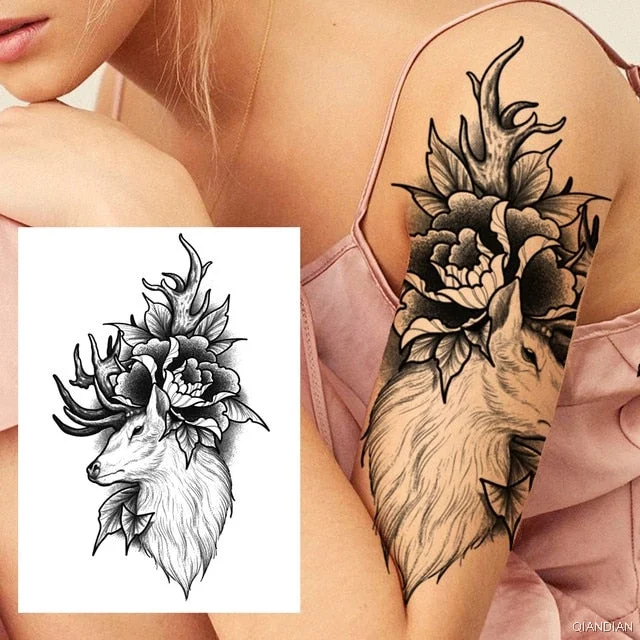 Large Tiger Lion Black Flower Fake Tattoo Sticker For Women Rose Fox BirdTemporary Tattoos DIY 3D Water Transfer Tatoos Girl Man
