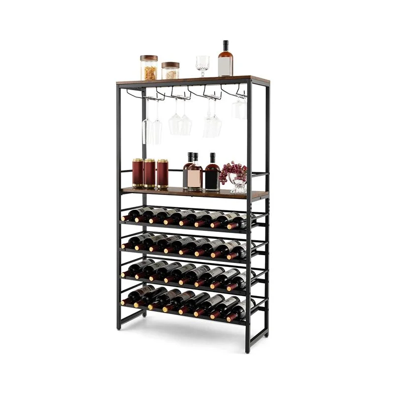 Industrial Freestanding Wooden Wine Bar Cabinet Wine Rack Table