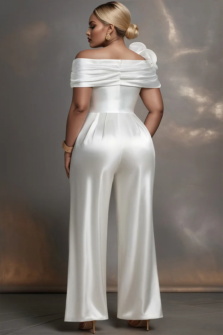 Xpluswear Design Plus Size Formal White Elegant Off The Shoulder 3D Pocket Satin Jumpsuits [Pre-Order]
