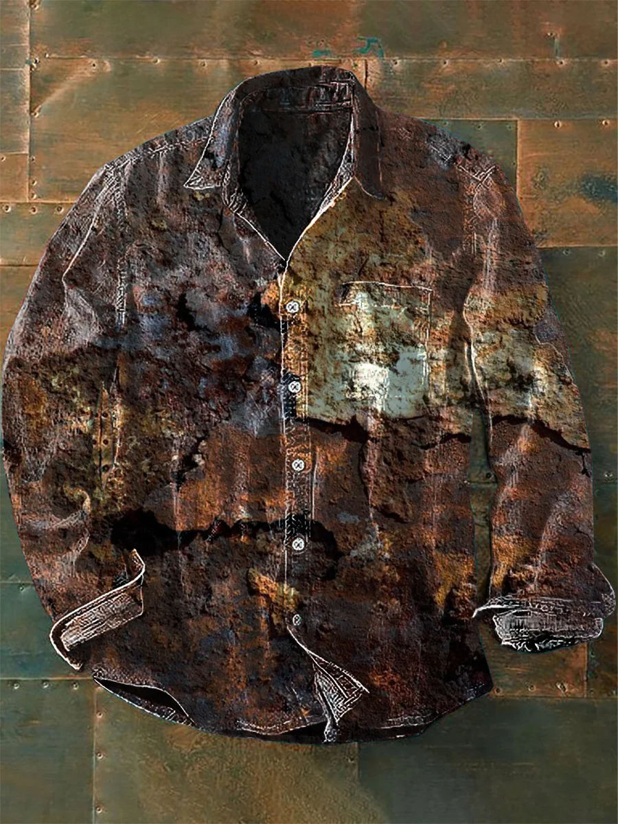 Unisex Distressed Rust Vintage Print Lapel Long Sleeve Pocket Shirt