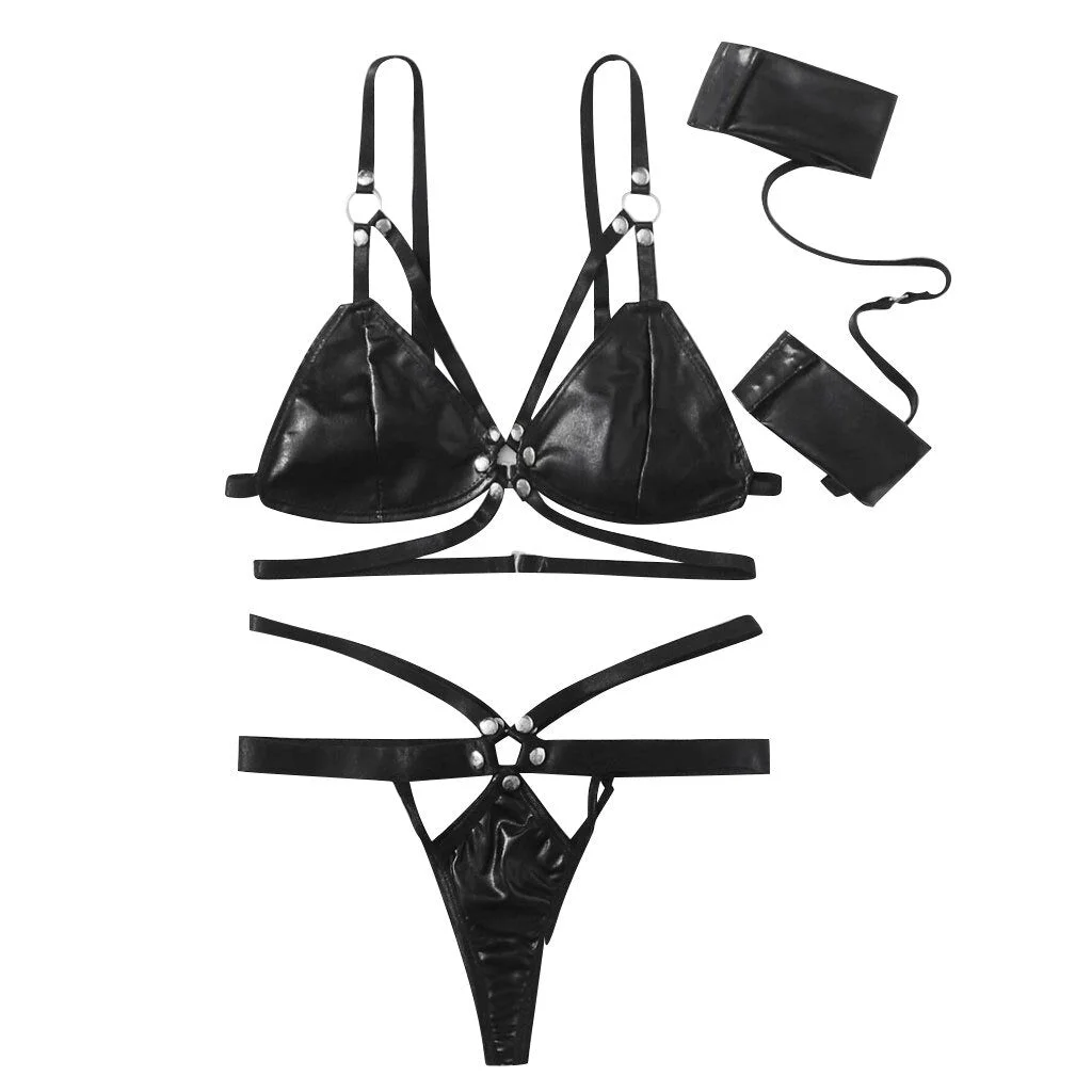 Sexy Lingerie Women Hot Erotic Leather Underwear Set Push Up Cut-Out Bra Set Bandage Brief Sets Sexy Sensual Lingerie Intimates
