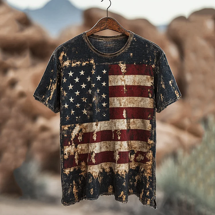 Men's American Independence Day Flag Art Vintage Linen T-shirt