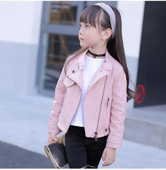 girls pu jacket rivet zipper cool jacket Leather clothing for girls 5-13 years oldClassic collar zipper leather motorcycle