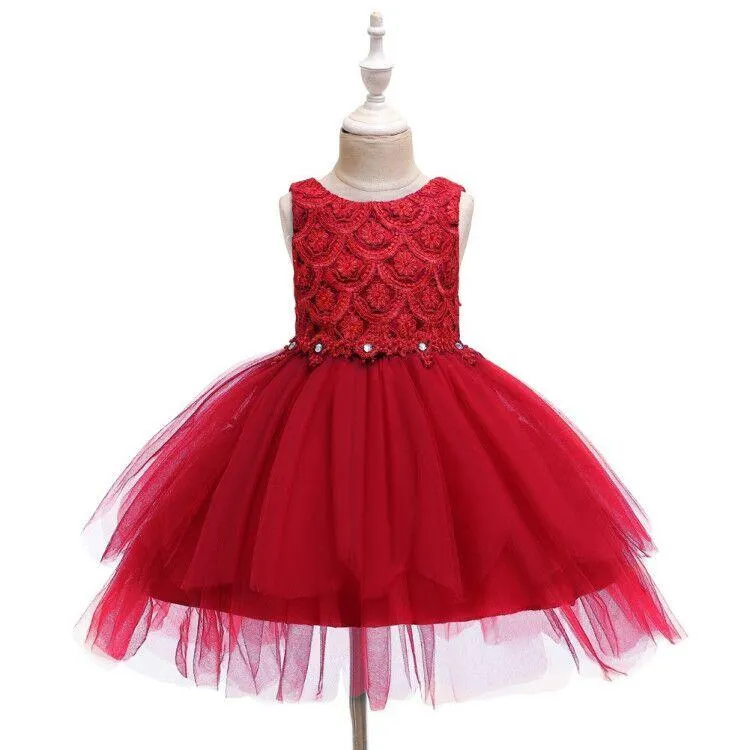 Big Bow Lovely Breathable Princess Kid Dresses For Girl Pink Beaded Layered Tulle Flower Dress Child of 2-10 Year