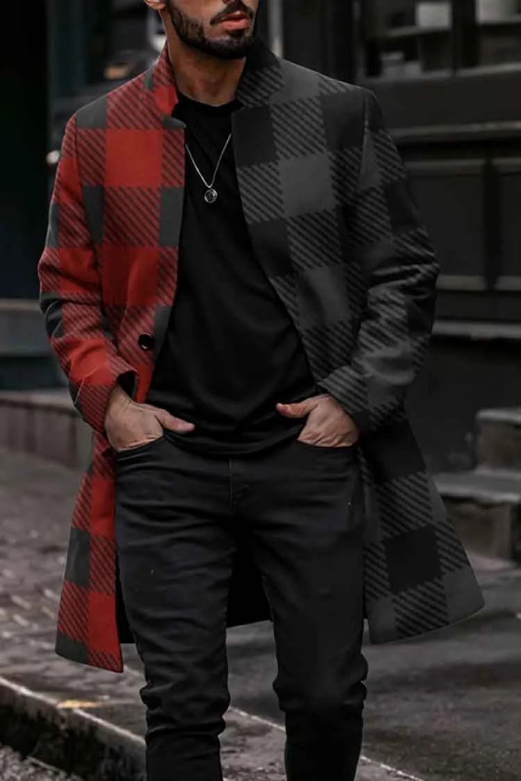 Stitched Contrasting Plaid Mid Length Coat