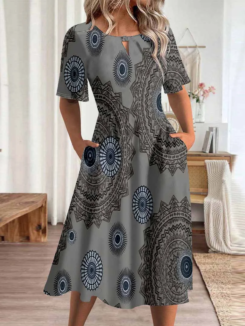 Women Graphic,Gray DZHA8238 Short Sleeve Scoop Neck Graphic Printed Hollow Midi Dress