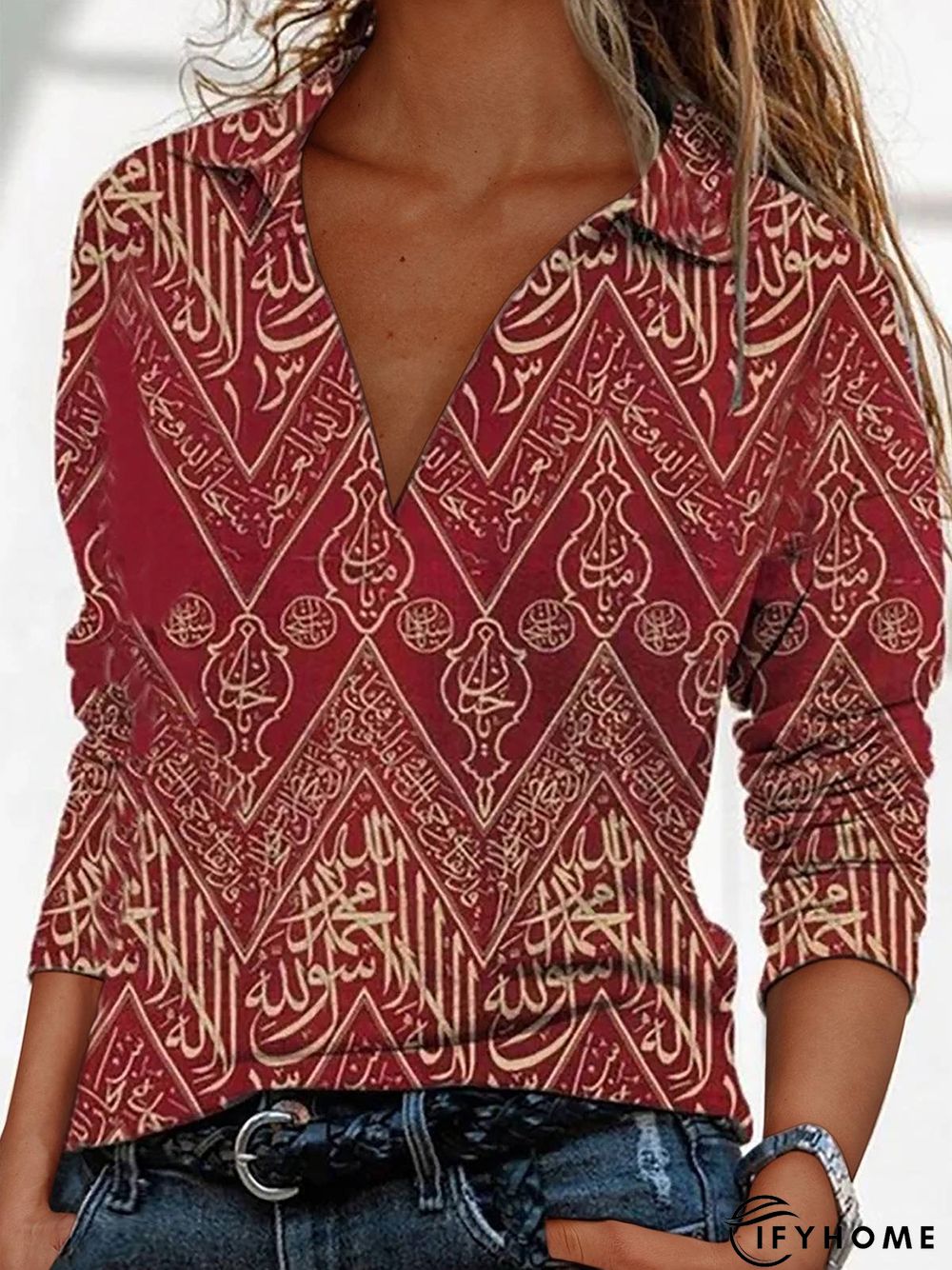 Casual Long Sleeve V Neck Printed Top | IFYHOME