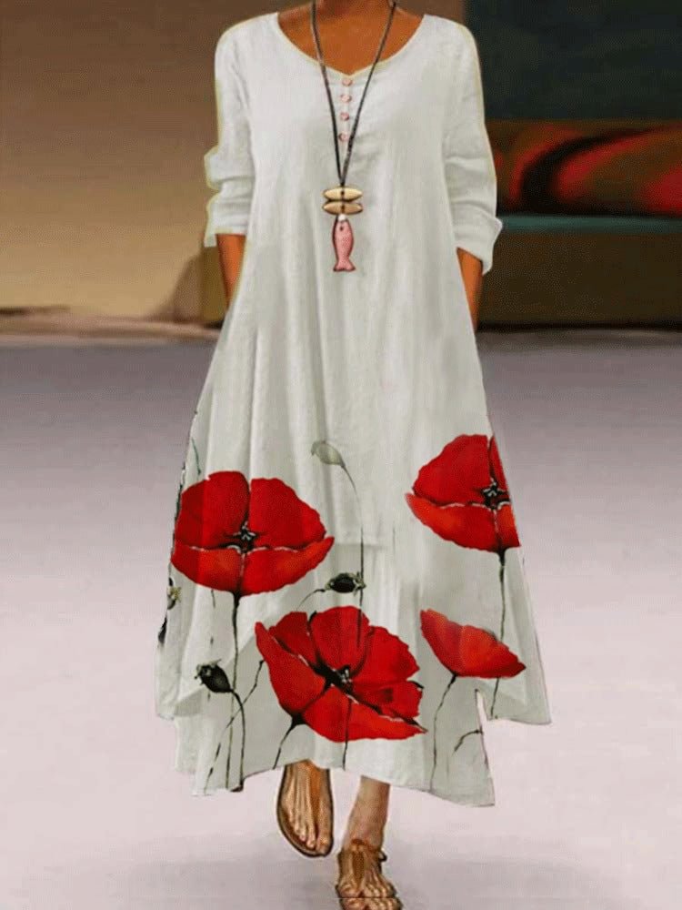 Big Flower Print Round Neck Long Sleeve Dress