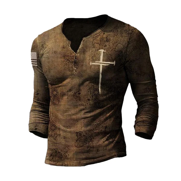 Men's Vintage Old World Map Cross Print Henry Long Sleeve