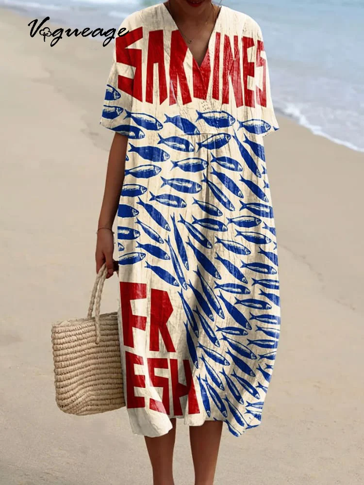 Fashion Letter Line Fish Printed Women's Casual Cotton And Linen Dress