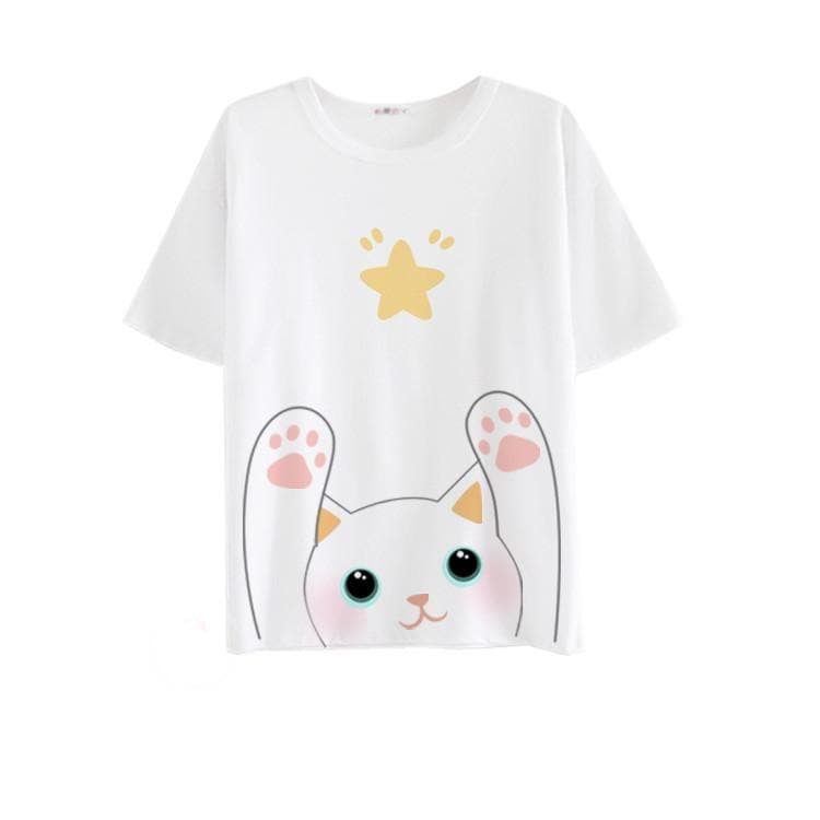 White/Black/Grey Neko Atsume Printing T-Shirt SP179475