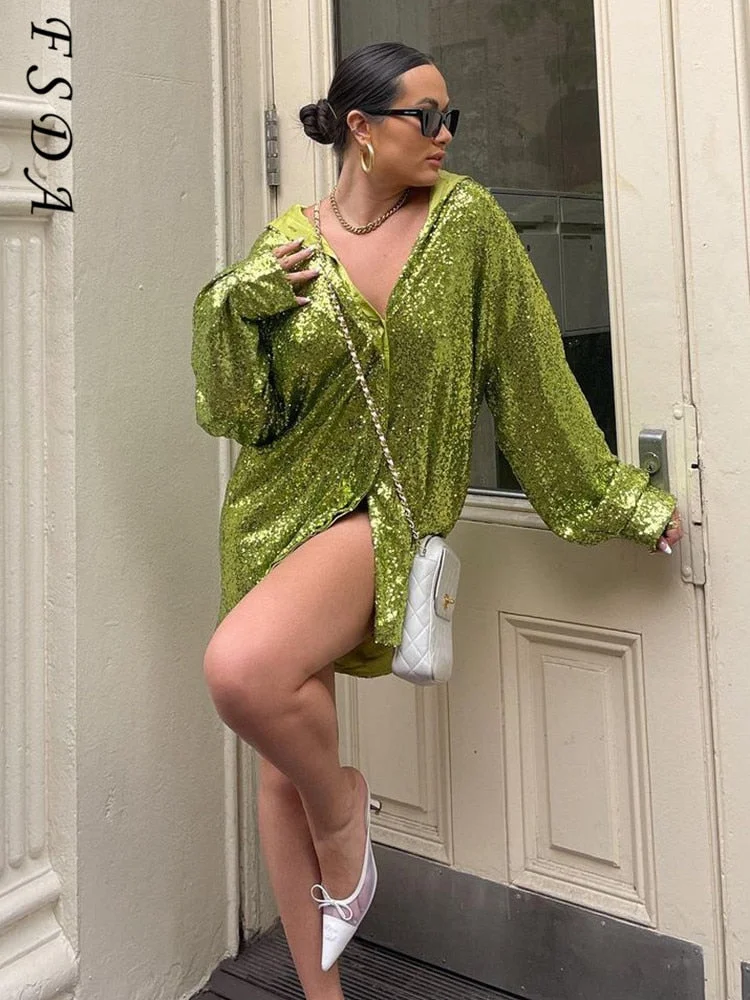Mini V Neck Green Sequins Party Dresses Shitrs Long Sleeve 2022 Autumn Winter Loose Pink Y2K Women Dress Sexy Club Glitter
