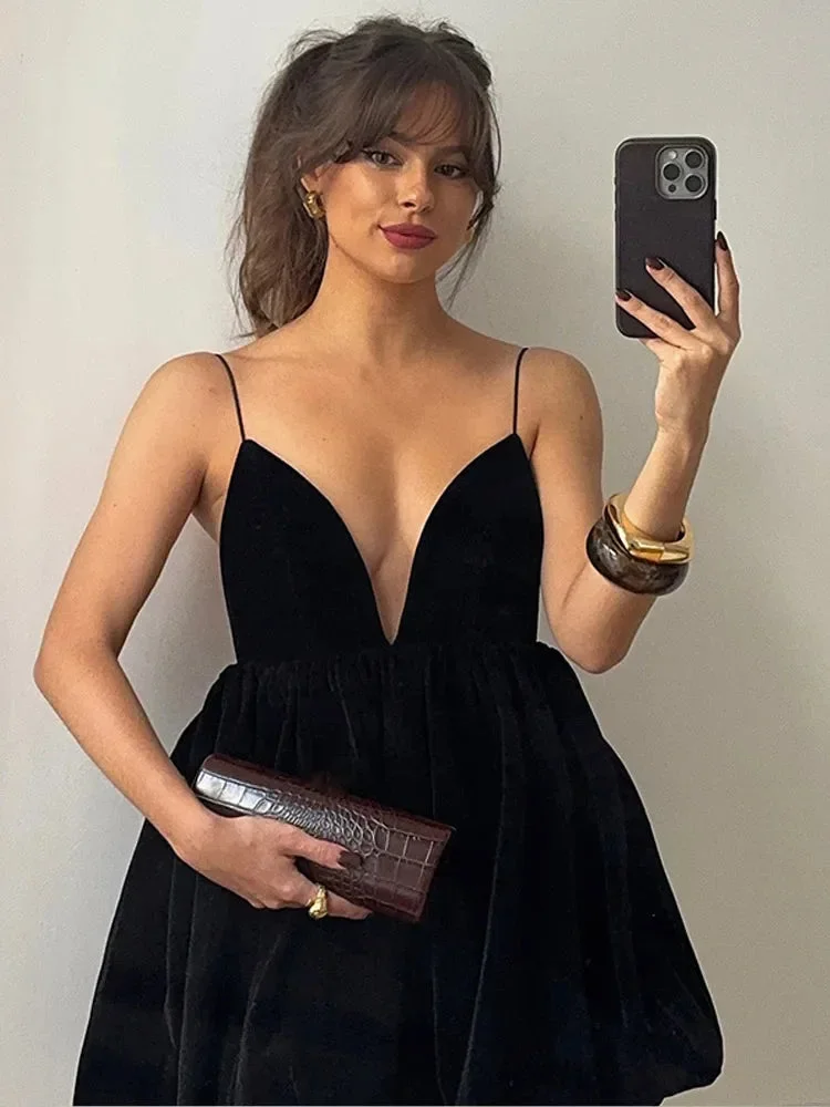 Toloer Velvet V-Neck Backless Strap Mini Dress-Outfit Ideas
