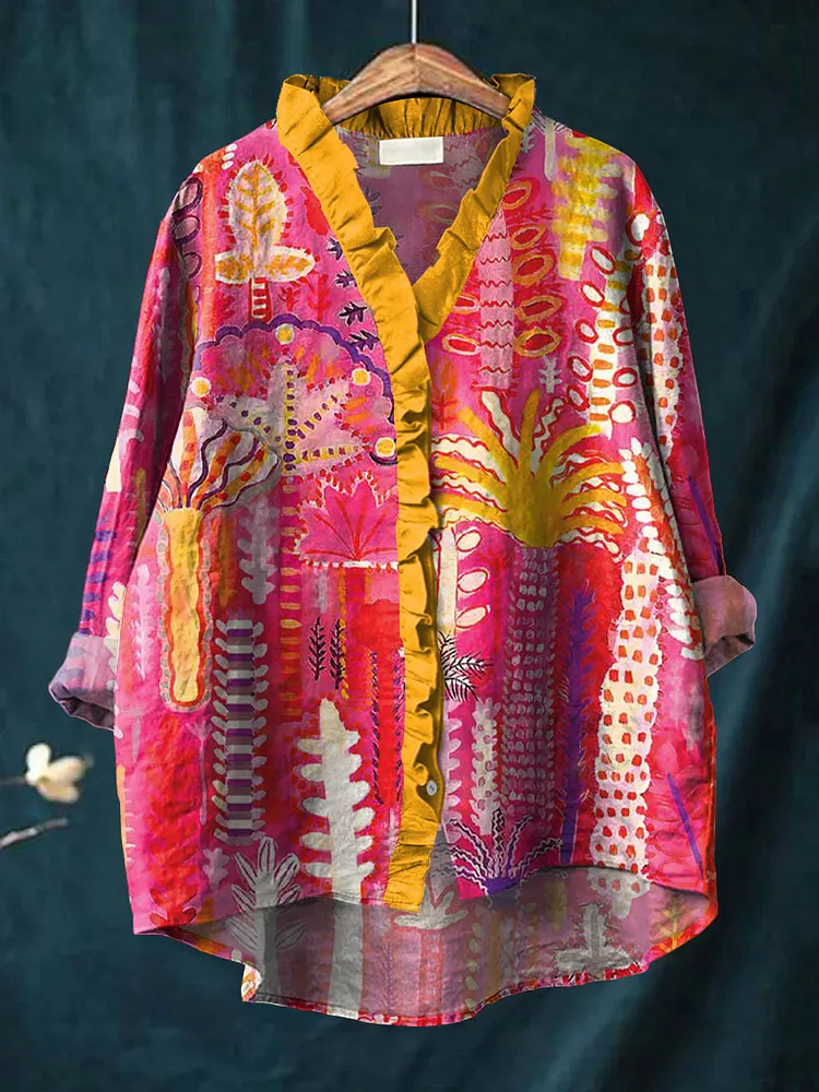 Women's Colorful Tree Art Print Casual Cotton And Linen Ruffle Shirt