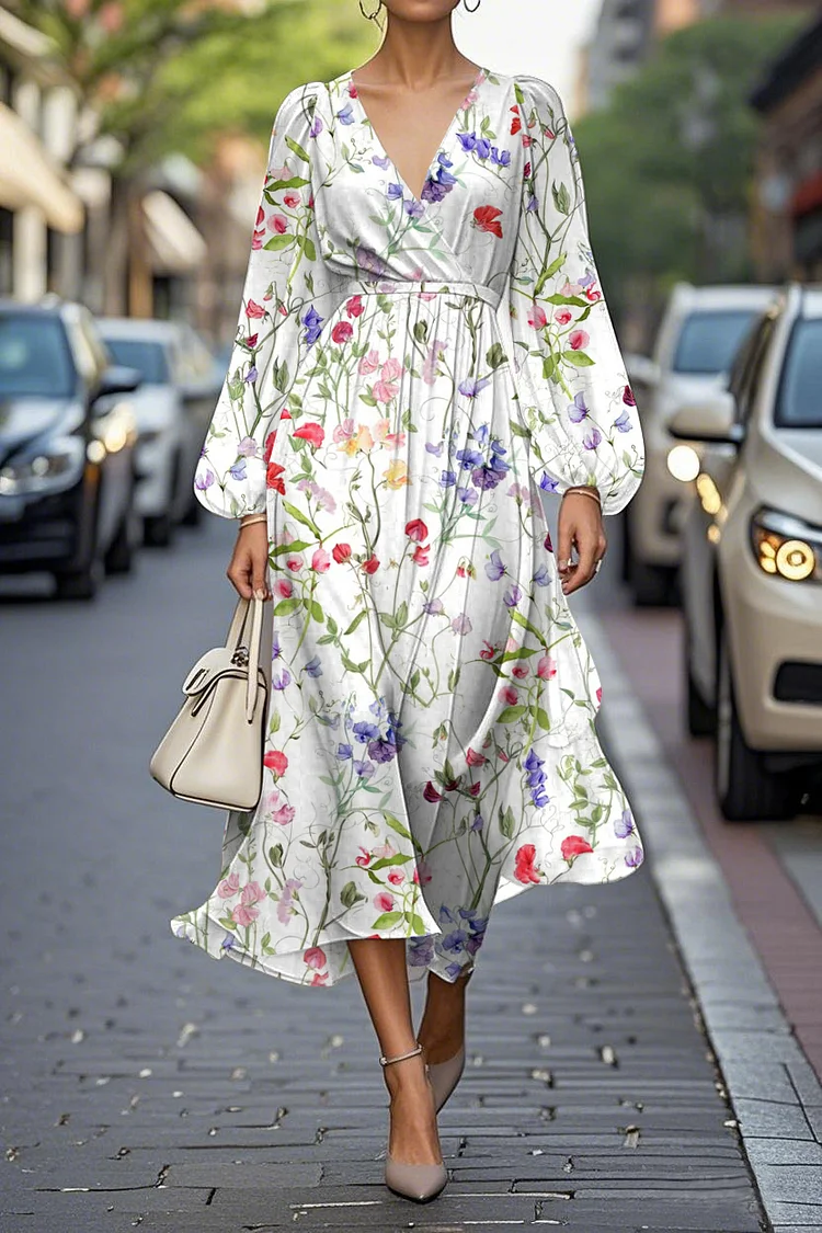 Elegant Floral Print Lantern Sleeve V-Neck A-Line Midi Chiffon Dress