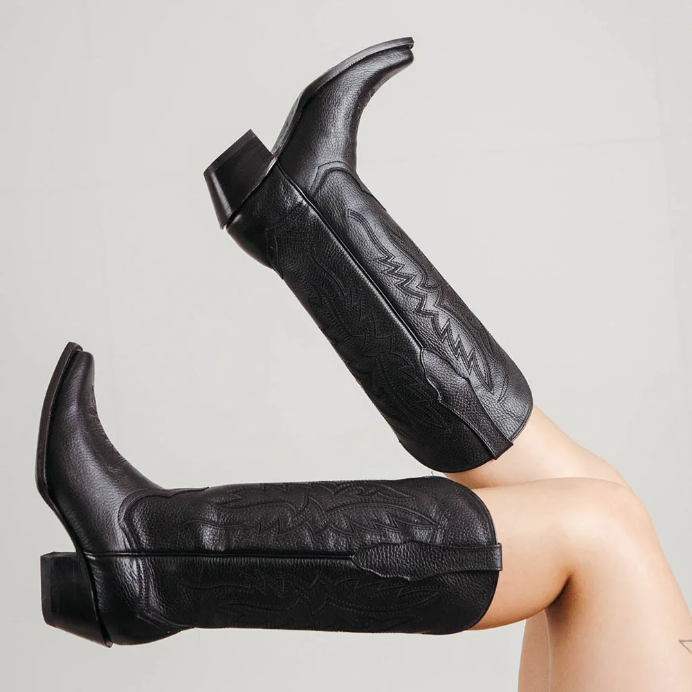 Black Embroidered Chunky Heel Snip Toe Mid-Calf Cowboy Boots for Women
