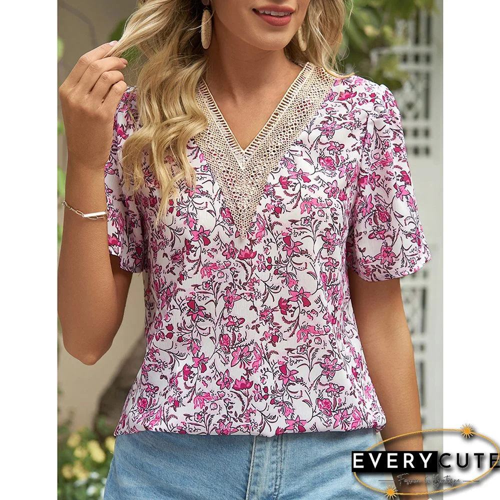 Purplish Red V Neck Floral Chiffon Short Sleeve Tees