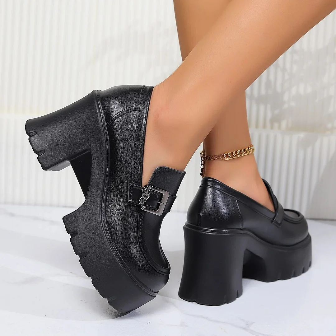 Yyvonne Black Chunky Heels Pumps Women Pu Leather Platform Loafers Woman Fashion Metal Buckle High Heels Dress Shoes Mary Janes