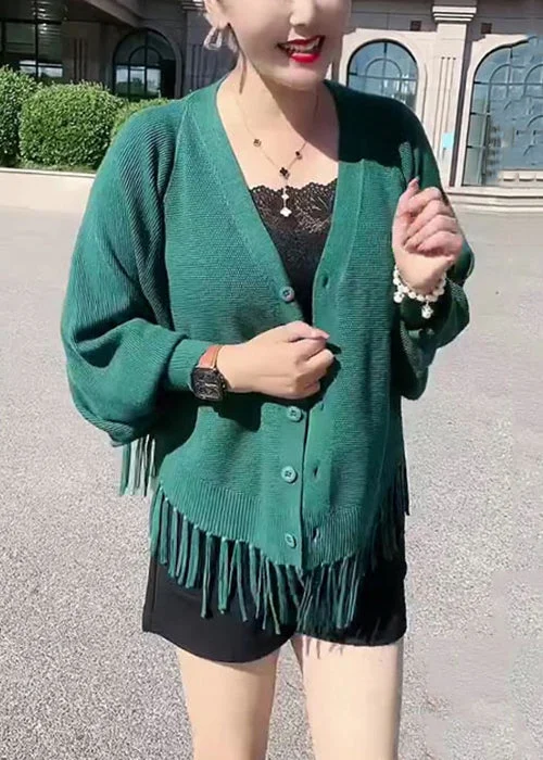 Loose Green Tasseled Button Knit Cardigans Batwing Sleeve