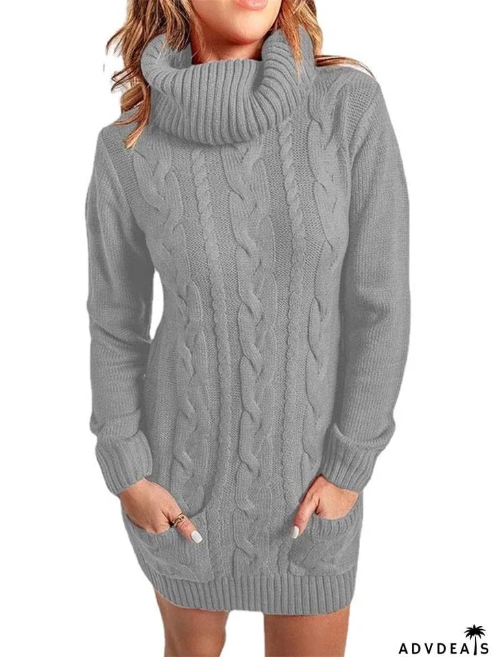 Casual Turtle Neck Knitted Sweater Dresses