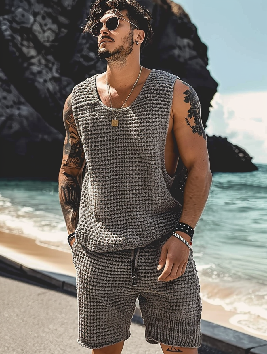 Men's Gray Kintted Crochet Tank & Short Two Piece Set Suit