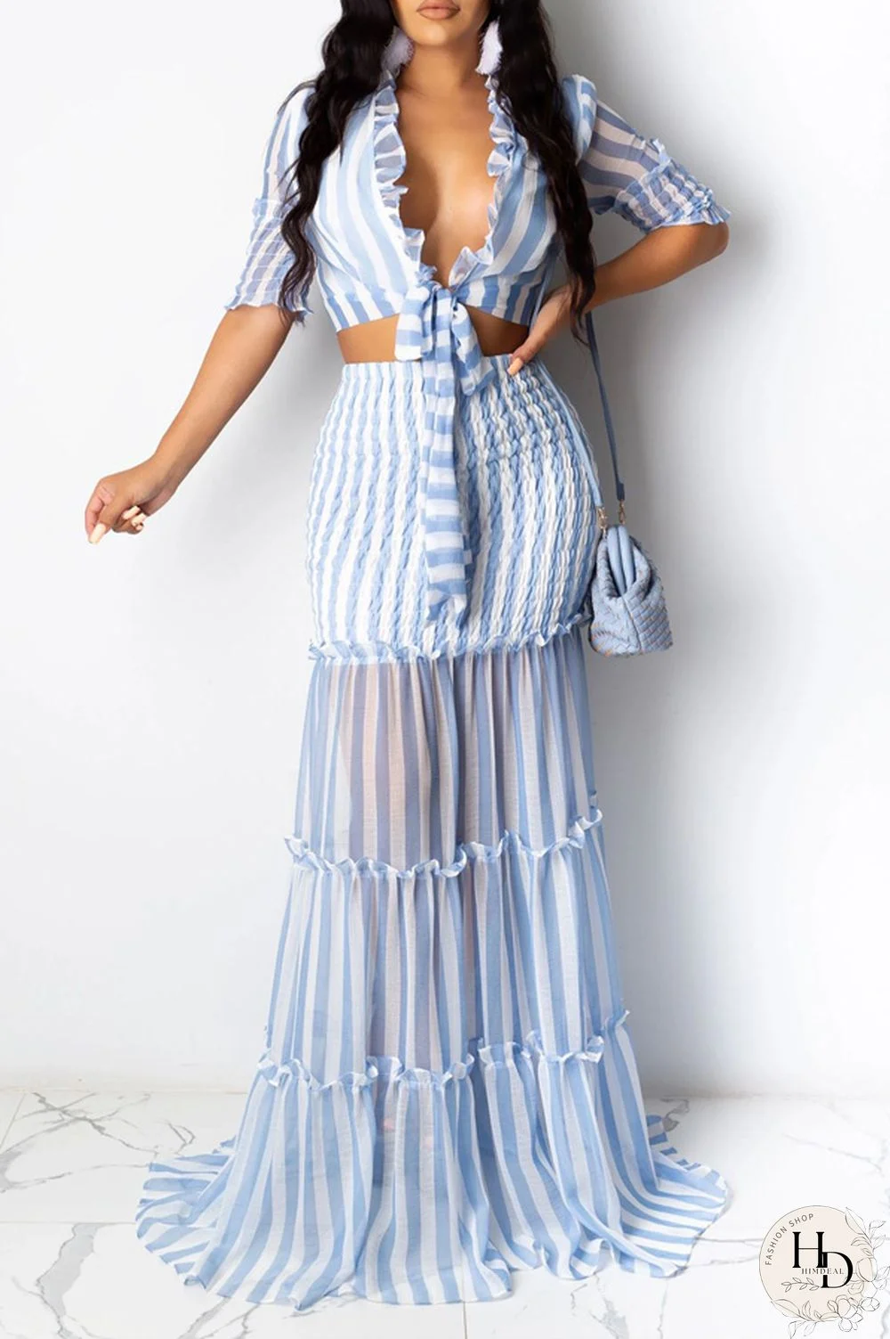 Yellow Casual 3/4 Length Sleeves V Neck Slim Dress Floor-Length Striped Print Patchwork Dresses
