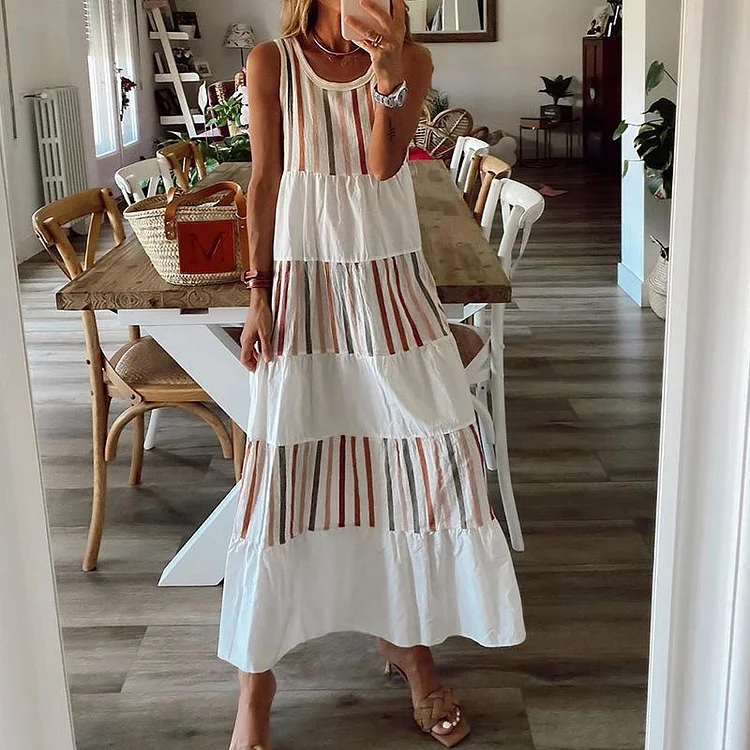 2023 Striped Crew Neck Sleeveless plus Size Slim Dress