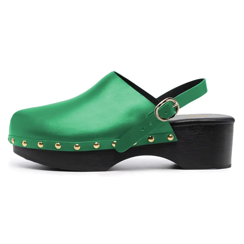 Green Vegan Leather Round Toe Studded Platform Slingback Heels