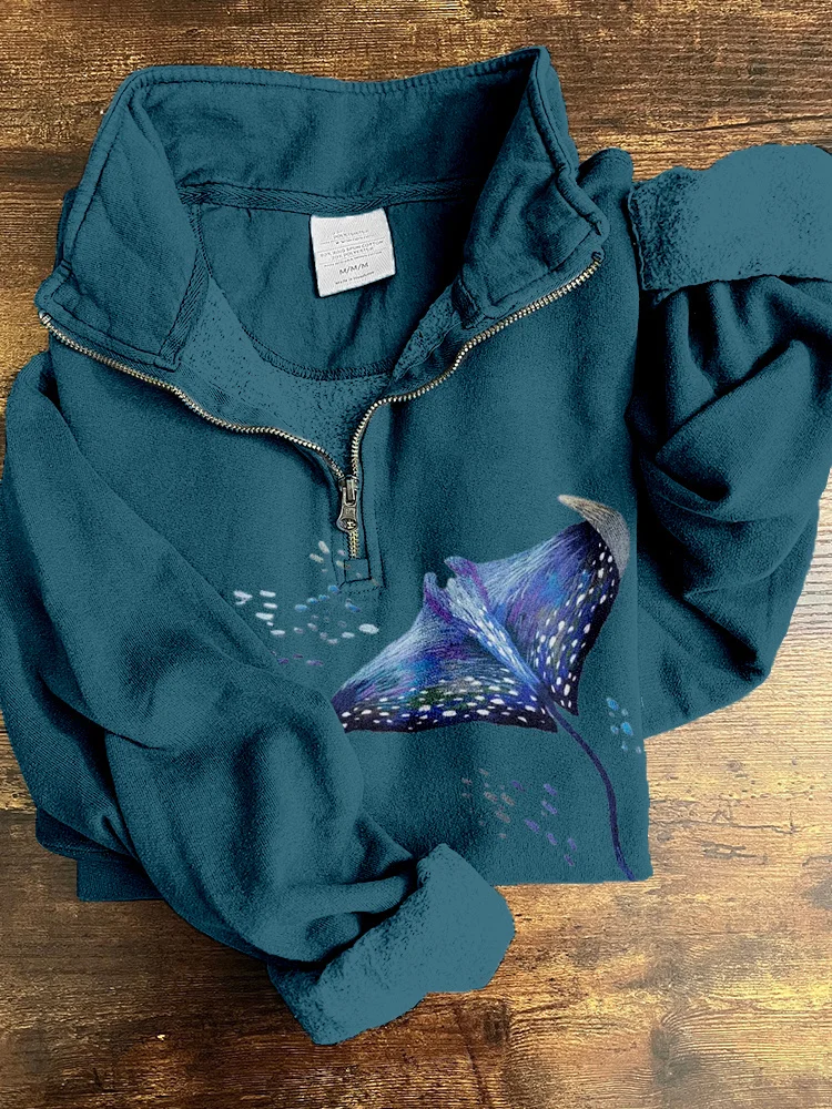 Manta Ray Embroidery Art Pattern Zip Up Cozy Sweatshirt