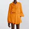 2022 New Puff Long Sleeve Shirt With Mini Shorts Cotton Matreial Two Pieces Sets Ladies Outfits Blouses Fashion Clothes