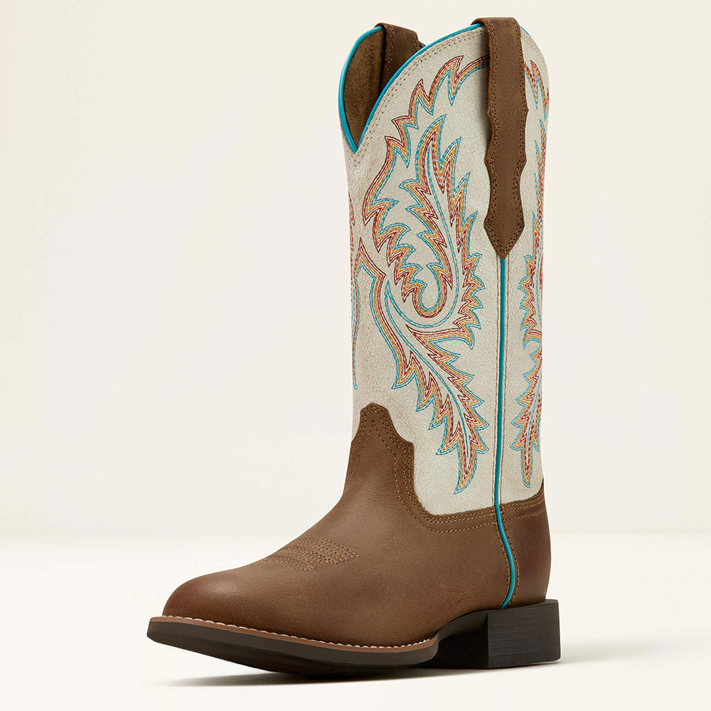 Beige & Brown Round Toe Embroidered Mid-Calf Western Cowgirl Boots Nicepairs