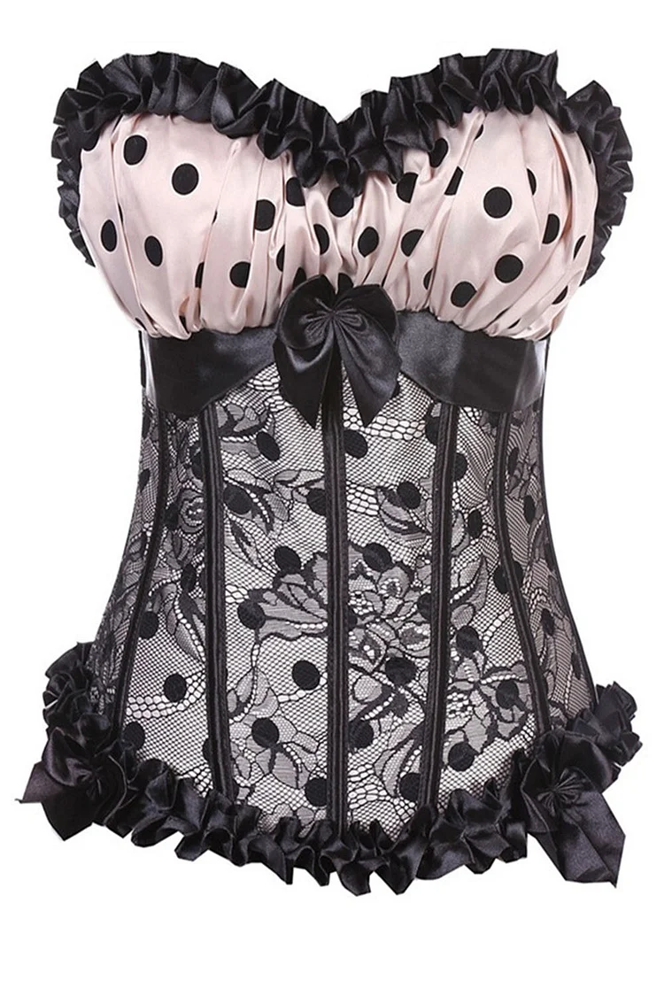 Gothic Plus Size Apricot Party Lace Polka Dot Ruffle Lace Up With T-shaped Panty Corset